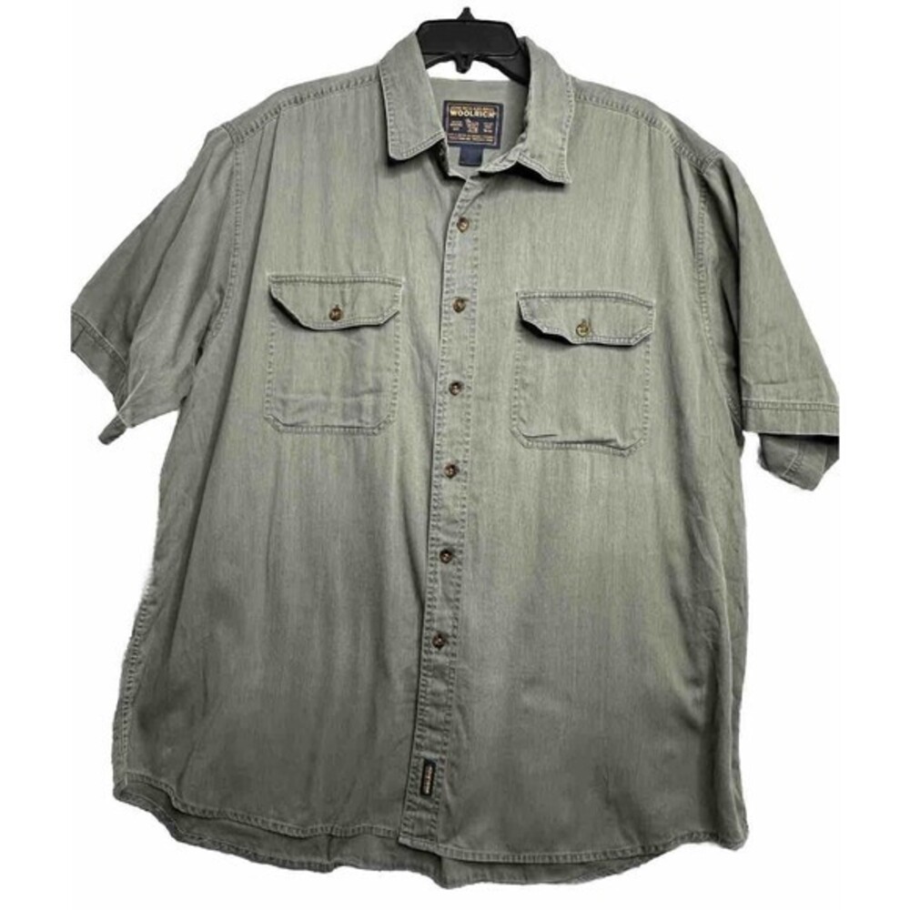 Woolrich Button Down Shirt Men's Extra Large Short Sleeve Adult XL Green Pockets